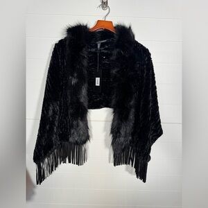 NWT Modena Elegant Black Faux Fur Women's Wrap Cape Poncho with fringe
